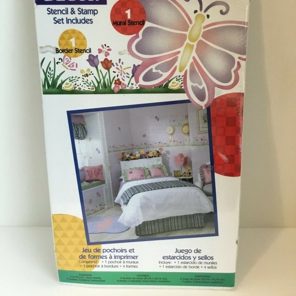 PLAID KIDS WALL DECOR - 2 Stencils, 4 Stamps Set-flower, butterfly - Picture 2 of 4